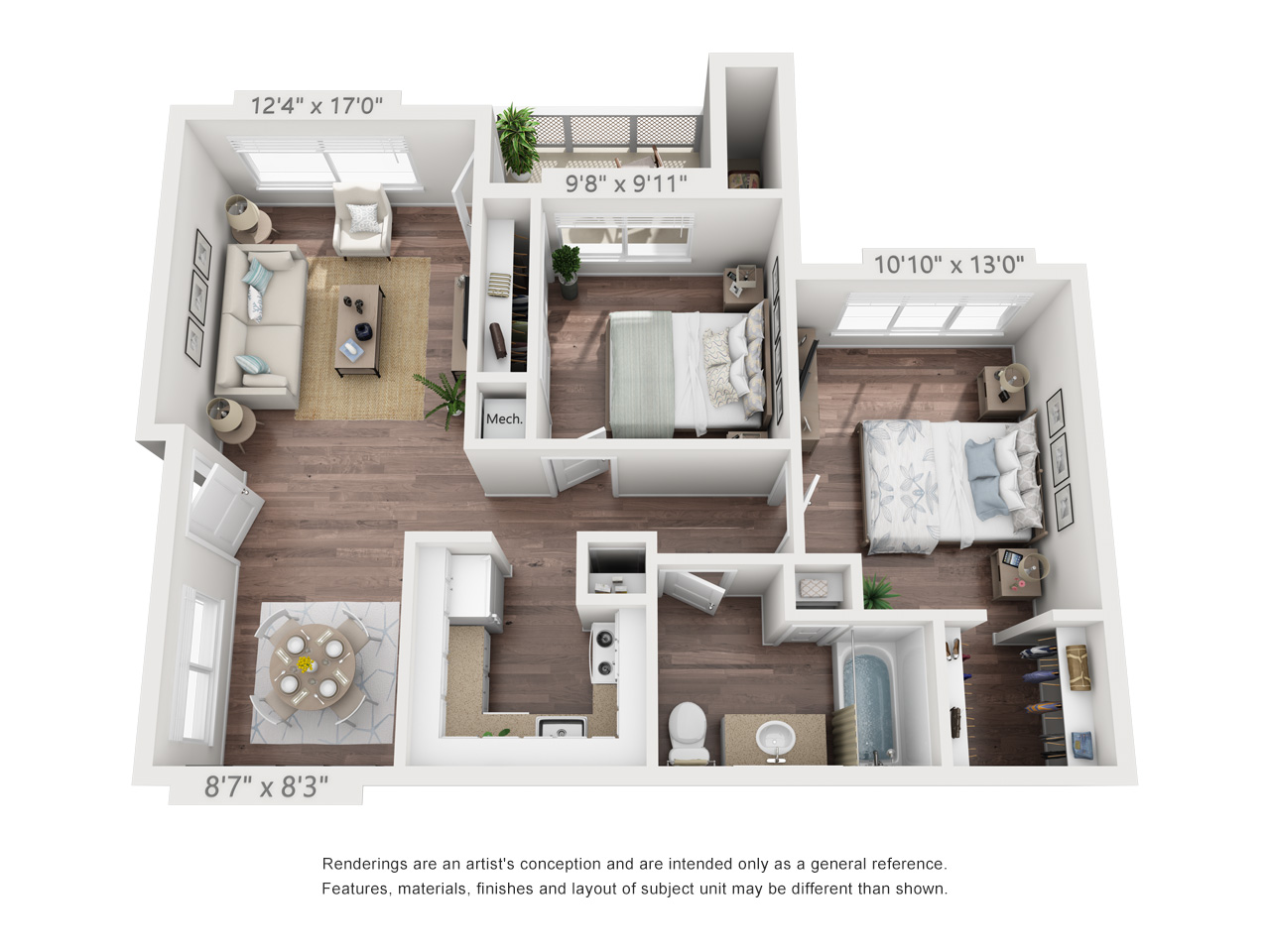 Floor plan for 2 beds, 1 bath, 750 sqft